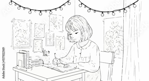 Girl studying at desk illustration art homework study room writing drawing sketch outline design artwork