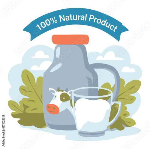 Cartoon Illustration of Milk Jug and Glass with Natural Product Label
