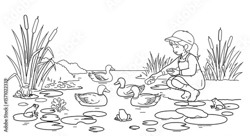 Coloring page of girl feeding ducks on pond with lily pads and frogs for kids activity and education