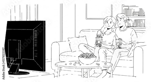 Couple watching tv at home on the couch with popcorn and drinks enjoying a movie night together concept