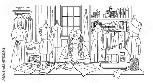 Illustration of a woman sewing in her studio with sewing machine and fashion design equipment present