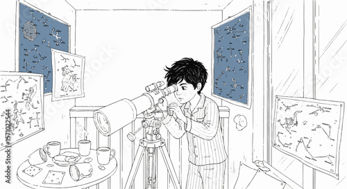 Boy astronomer looking through telescope at night sky stars constellations astronomy hobby stargazing indoors drawing