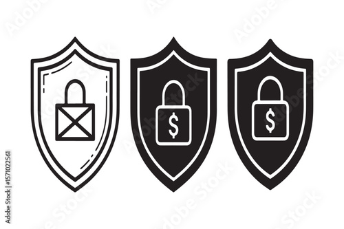 Three shields with lock icons one with envelope one with dollar sign security protection