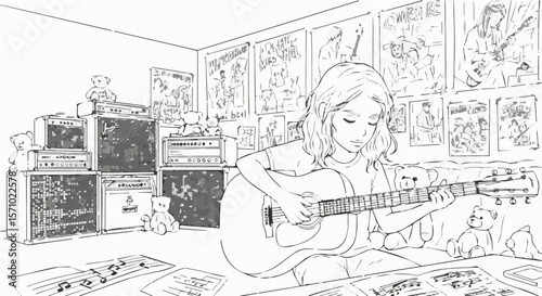 Illustration of girl playing guitar in music room with posters and teddy bears for coloring book art