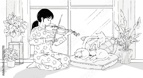 Girl playing violin at home with cats and plants in black and white line art illustration drawing