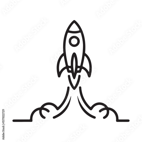 Black line art rocket launching with smoke trails on white background space travel