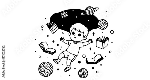 Boy reading books in space with planets and stars vector illustration for kids education and imagination