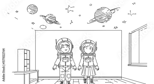 Astronauts in classroom coloring page for kids space adventure and educational activities printable design