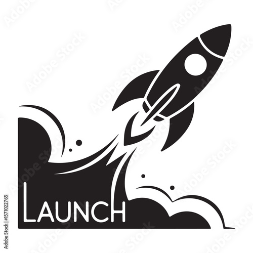 Black rocket launching with fire and text launch space spaceship