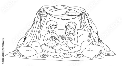 Coloring page of kids enjoying indoor camping in a blanket fort with pillows and snacks coloring activity