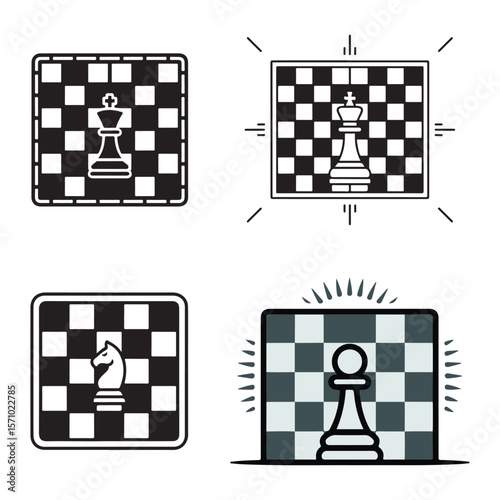 Chess king knight pawn icons on checkered boards game
