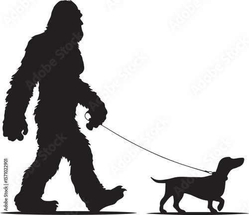 Bigfoot Walking a Dog on a Leash Silhouette Vector Illustration on Transparent Background