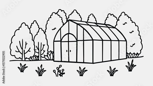 Hand-Drawn Single Line Sketch of Eco Green House with Trees