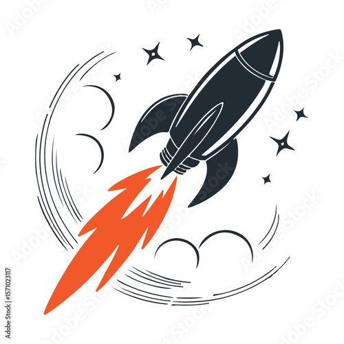 Dark blue rocket launching with orange flames and starbursts space blastoff