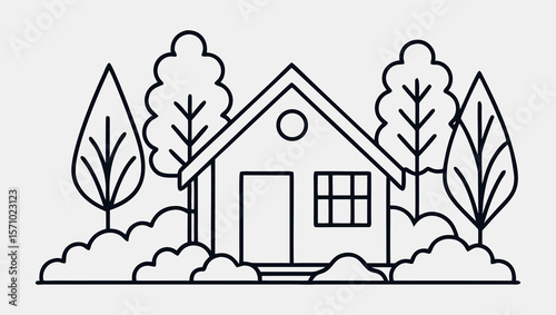 Abstract One Line Drawing of Tiny Green House in Garden with Trees