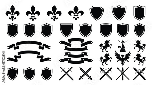 Heraldic Symbols Collection with Fleur-de-lis, Shields, Banners, Winged Unicorns, and Crossed Swords in Bold Black and White Graphic Style, Arranged in Symmetrical Grid Layout.