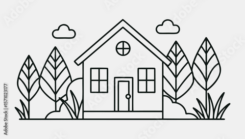 Abstract One Line Drawing of Tiny Green House in Garden with Trees