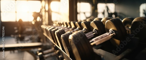 The dumbbells arranged neatly in a bright, modern gym during sunset.
