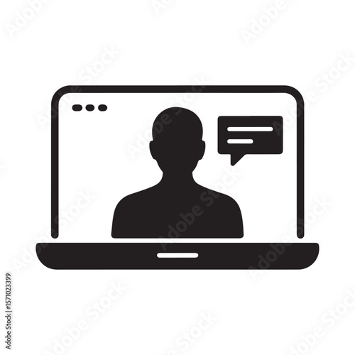 Black silhouette of person on laptop screen with chat bubble computer