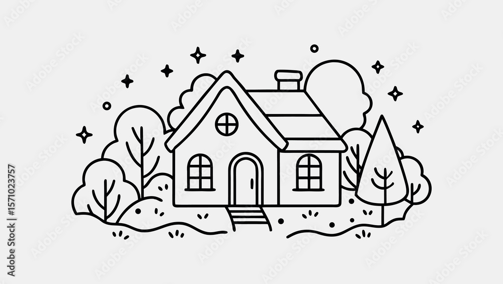 Fototapeta premium Minimalist Vector Continuous One Line Drawing Art of Fantasy Village Home with Dreamy Atmosphere for Kids Coloring Books