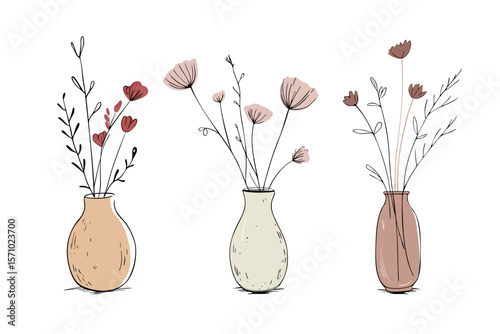 Hand drawn pastel vases with flowers in sketch style with black outline. Cozy floral interior element