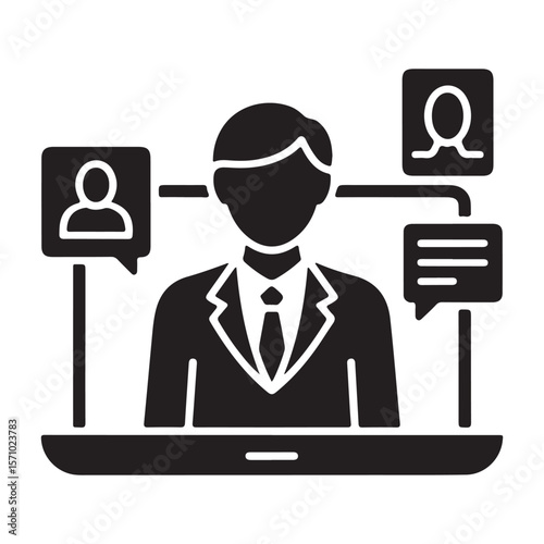 Man in suit connected to people icons and chat bubbles shirt collar