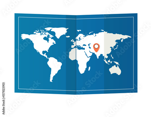 Flat illustration of folded world map with location pin for travel design, navigation, trip planning and tourism