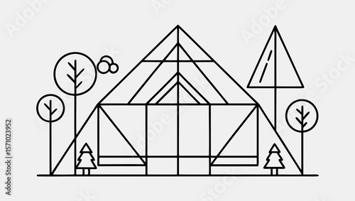 Modern Minimalist Vector Art of Eco Home with Cubist Garden Design