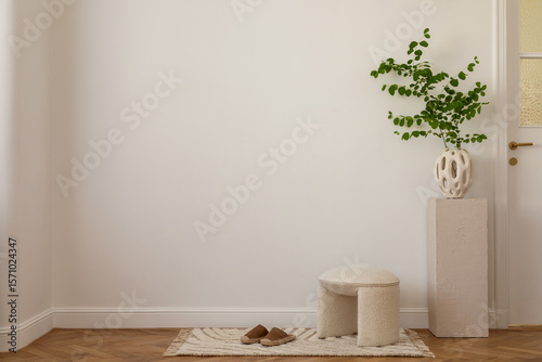 Minimalist compositions on the cubes with flowers, decorations, carpet and personal accessories. Home deor. Template. Copy space.
