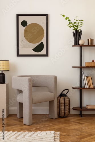 Interior design of white living room space with modern armchair, mock up poster frame, commode,  books, plants and personal accessories. Template. Home decor.