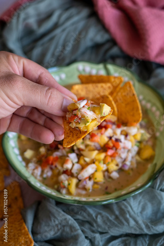 homemade tropical ceviche recipe with mango, shrimp and vegetables