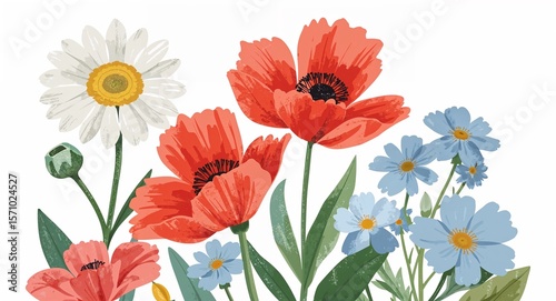 Watercolor illustration of daisies and poppies with blue flowers on a white background art