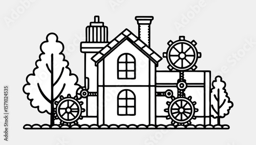 Vintage Vector Sketch of Mechanical House with Gear Trees and Pipe Garden