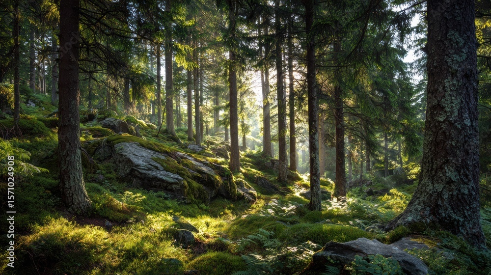 Fototapeta premium Morning sunlight piercing through a lush green pine forest in early summer,