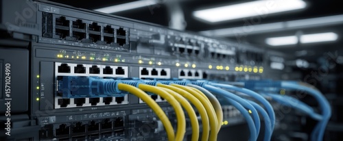 The Ethernet Switch with Connected Cables in a Modern Data Center