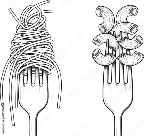 Spaghetti and elbow macaroni on forks pasta italian food illustration art