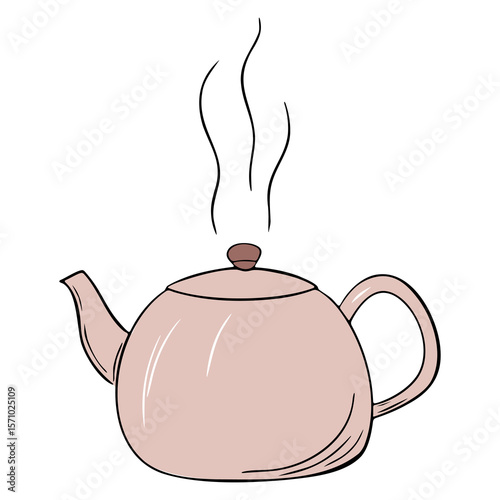 Teapot in pastel tones with black outline. Kitchen element for home decor. Hand drawn doodle style