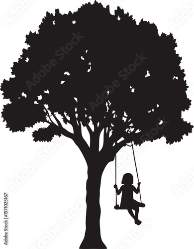 Silhouette of a girl on a swing hanging from a tree