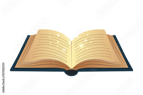 Open glowing magic book. Illustration with mystical light and enchanted details. Ideal for fantasy designs.