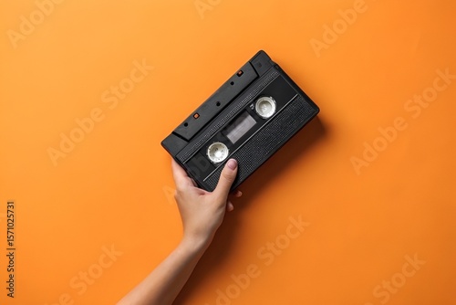 Hand Holding Black Vintage VHS Tape Recorder Against Vibrant Orange Background