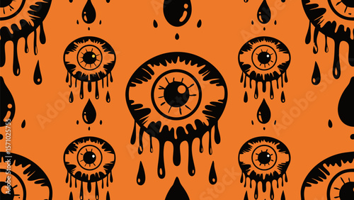 Seamless retro pattern illustration with orange Halloween pumpkins, gears, and floral elements