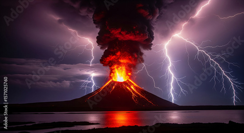 Volcano erupting at night, dramatic lightning strikes illuminate the scene, showcasing nature's raw power and intensity