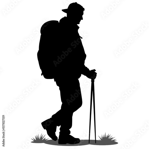Silhouette of hiker with backpack and trekking poles, outdoor mobility and exploration