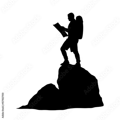 Silhouette of hiker reading map on boulder, outdoor adventure exploration