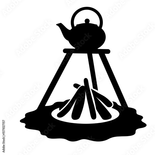 Silhouette of tripod cooking stand with kettle over campfire, rustic outdoor cooking gear