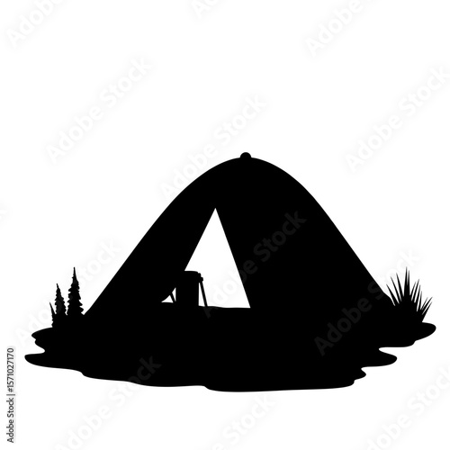 Silhouette of dome tent with open flap, camping essentials setup, copyspace