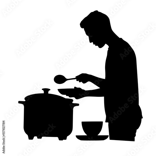 Silhouette of person serving soup from cooker, kitchen meal preparation concept