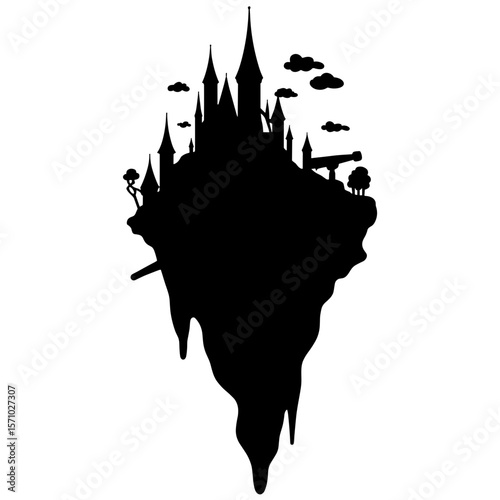 Floating Castle Silhouette with Telescope, Fantasy Exploration Theme