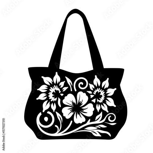 Silhouette of tote with Art Nouveau floral vine, classic decorative fashion accessory