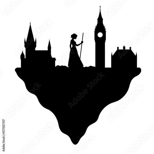 Silhouette of floating island with literary theme, fantasy iconic imagery